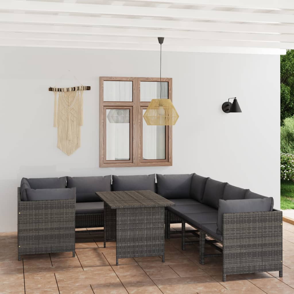 vidaXL 9 Piece Patio Lounge Set with Cushions Poly Rattan Gray