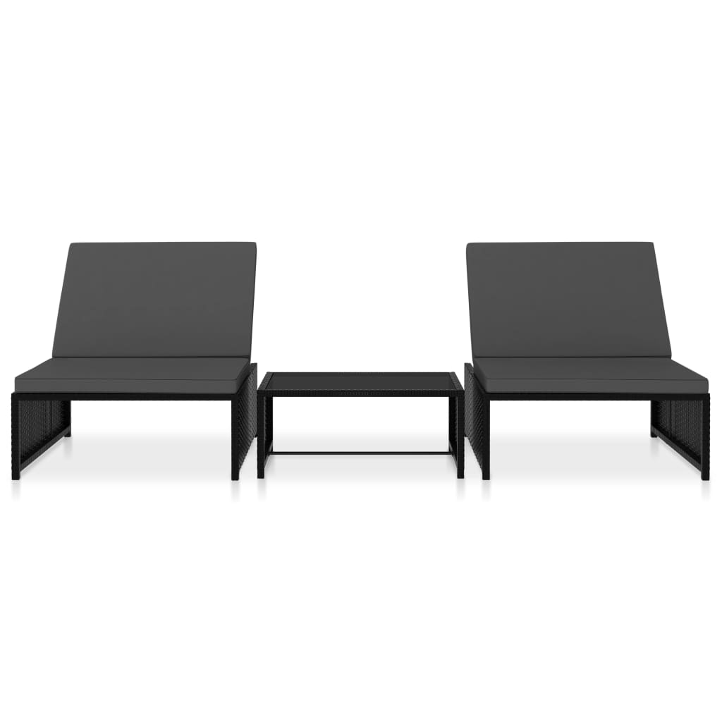 vidaXL Reclining Patio Chairs 2 pcs with Table Black Poly Rattan