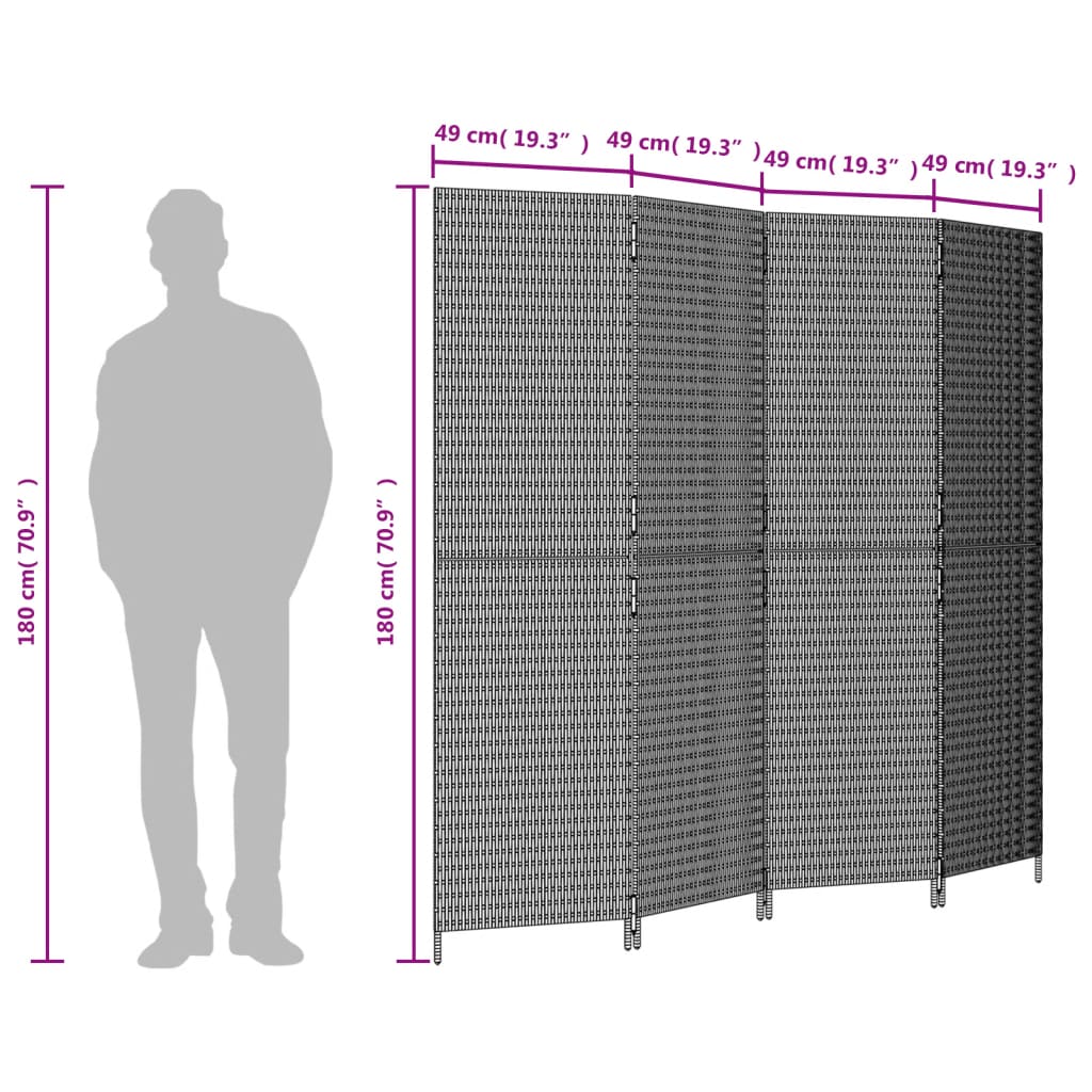 vidaXL Room Divider 4 Panels Gray Poly Rattan