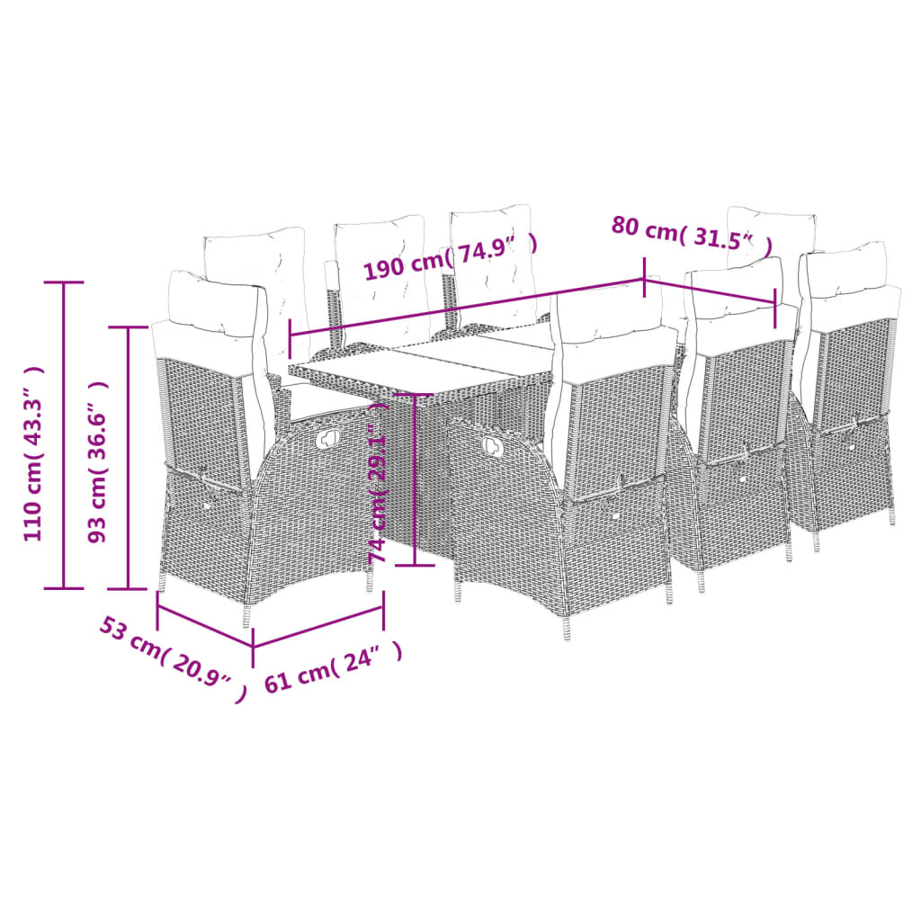 vidaXL 9 Piece Patio Dining Set with Cushions Gray Poly Rattan