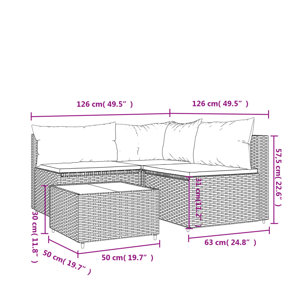 vidaXL 4 Piece Patio Lounge Set with Cushions Brown Poly Rattan