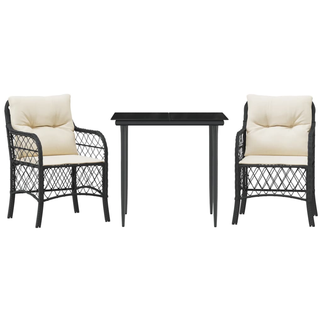 vidaXL 3 Piece Bistro Set with Cushions Black Poly Rattan