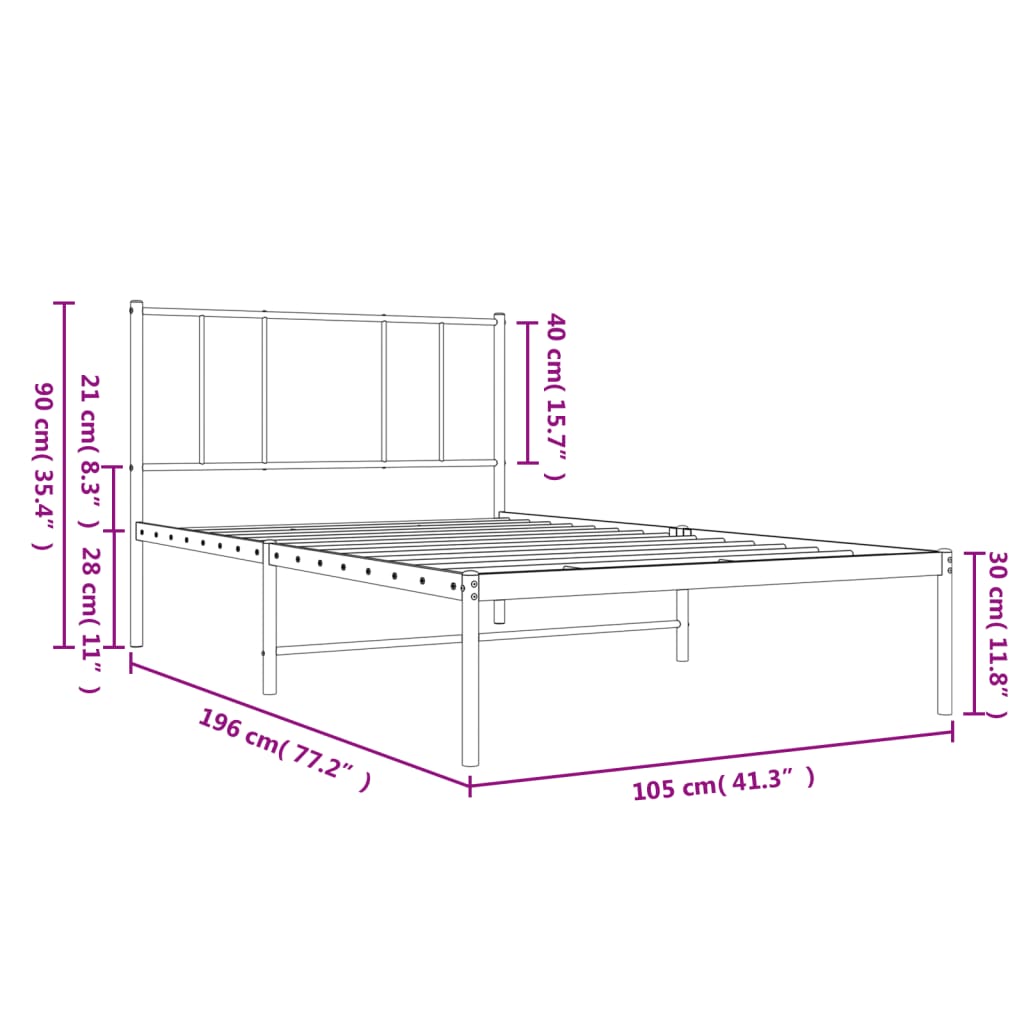 vidaXL Metal Bed Frame without Mattress with Headboard White 39.4"x74.8"