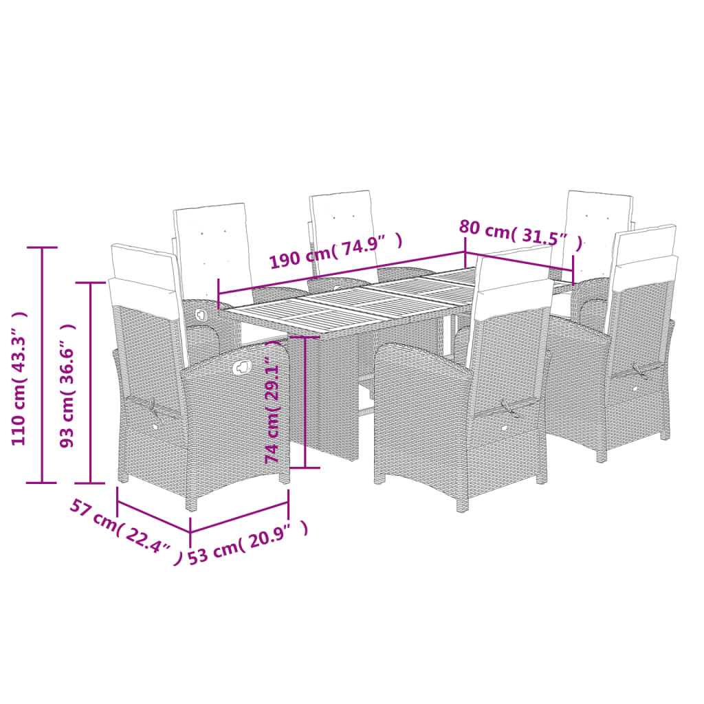 vidaXL 7 Piece Patio Dining Set with Cushions Gray Poly Rattan