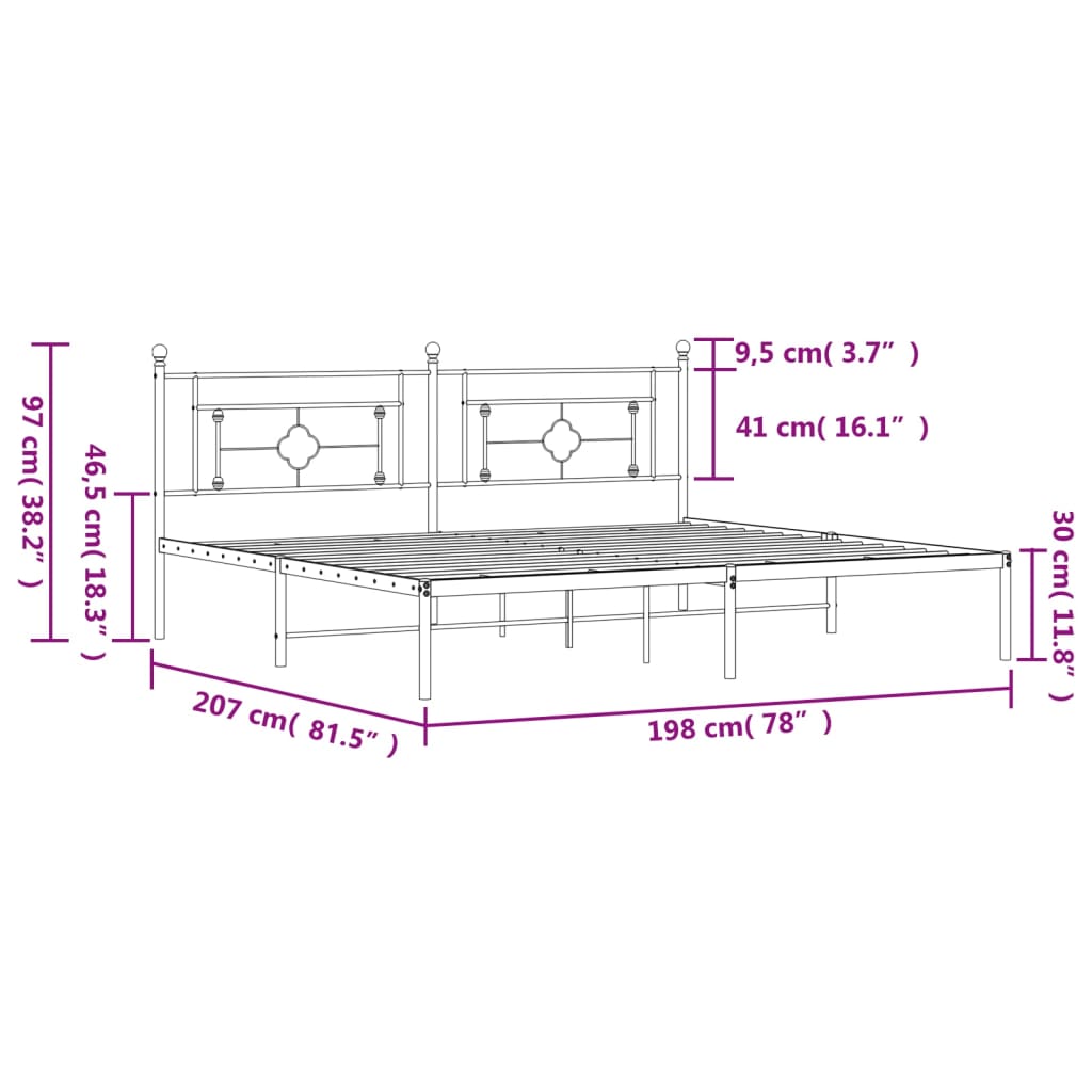 vidaXL Metal Bed Frame without Mattress with Headboard Black 76"x79.9"