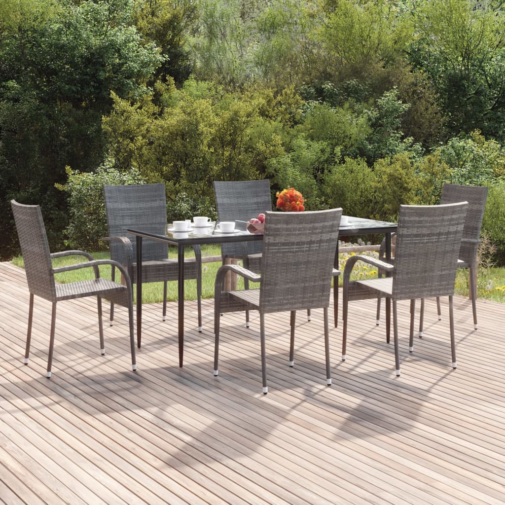 vidaXL 7 Piece Patio Dining Set Gray Poly Rattan