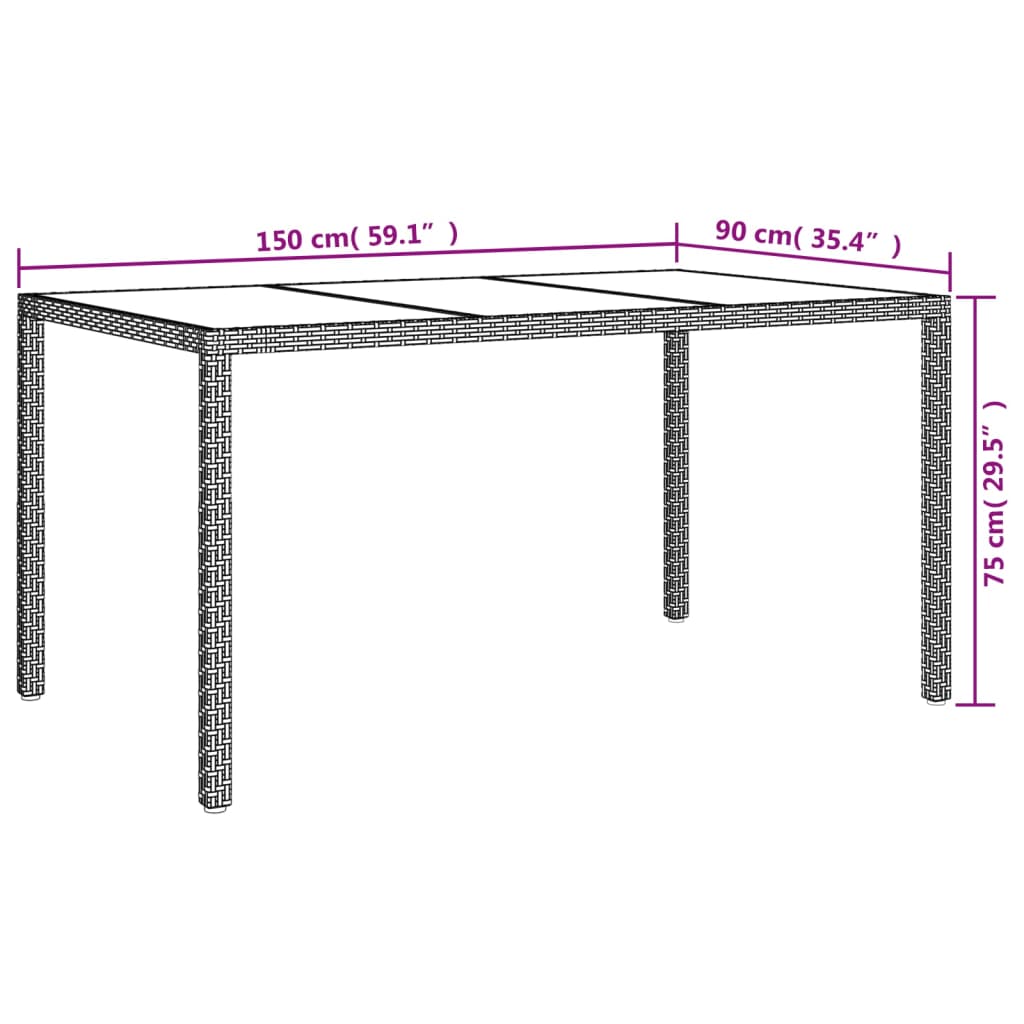 vidaXL Patio Table 59.1"x35.4"x29.5" Tempered Glass and Poly Rattan Gray