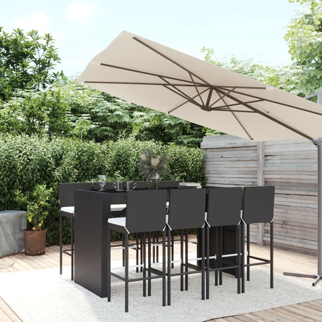 vidaXL 9 Piece Patio Bar Set with Cushions Black Poly Rattan