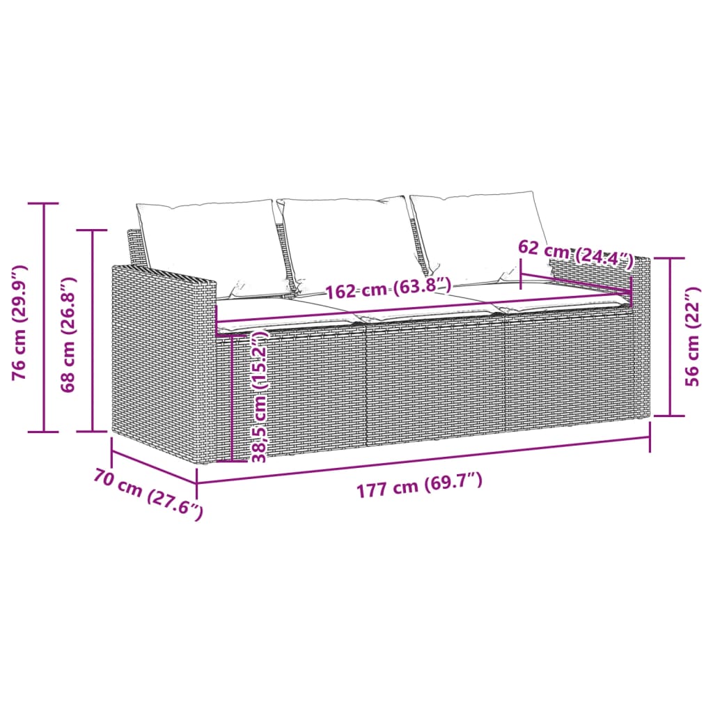 vidaXL Patio Sofa with Cushions 3-Seater Beige Poly Rattan