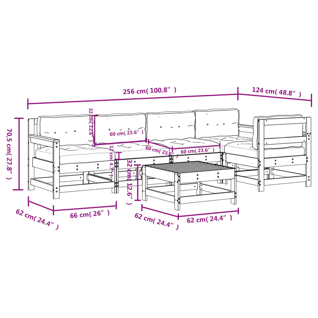 vidaXL 6 Piece Patio Lounge Set with Cushions White Solid Wood