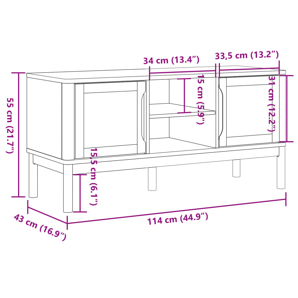 vidaXL TV Stand FLORO White 44.9"x16.9"x21.7" Solid Wood Pine