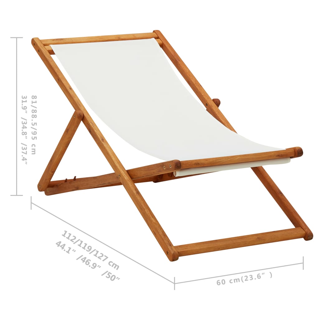 vidaXL Folding Beach Chair Eucalyptus Wood and Fabric Cream White