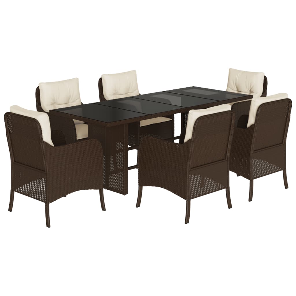 vidaXL 7 Piece Patio Dining Set with Cushions Brown Poly Rattan