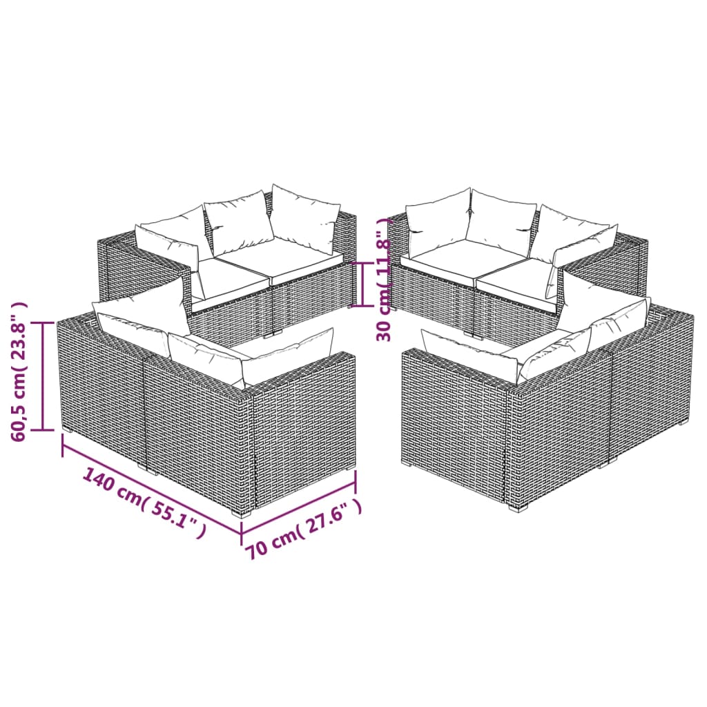 vidaXL 8 Piece Patio Lounge Set with Cushions Poly Rattan Gray