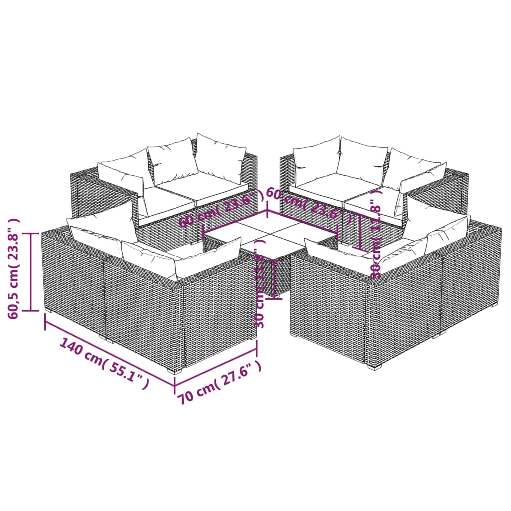 vidaXL 9 Piece Patio Lounge Set with Cushions Poly Rattan Gray