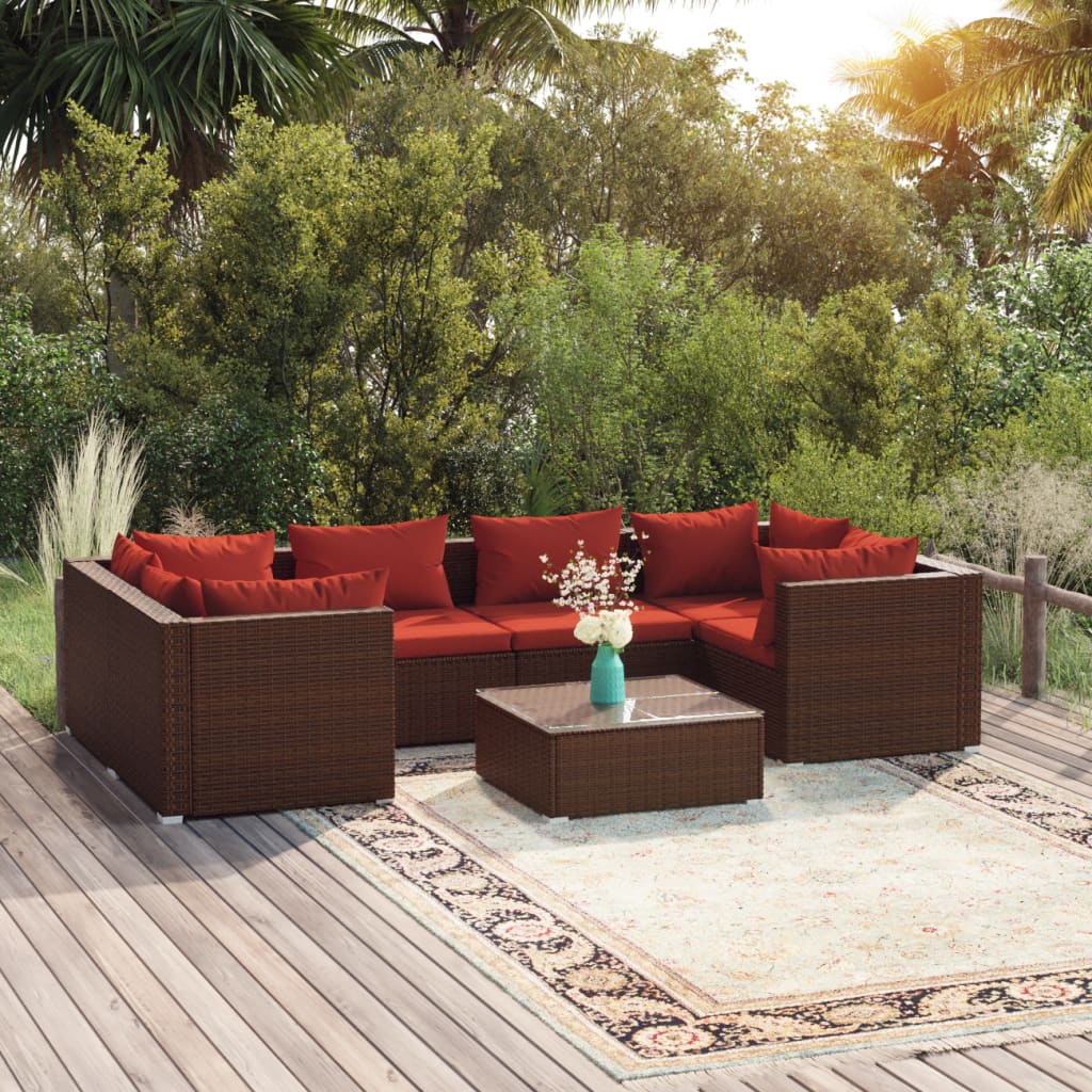 vidaXL 7 Piece Patio Lounge Set with Cushions Poly Rattan Brown