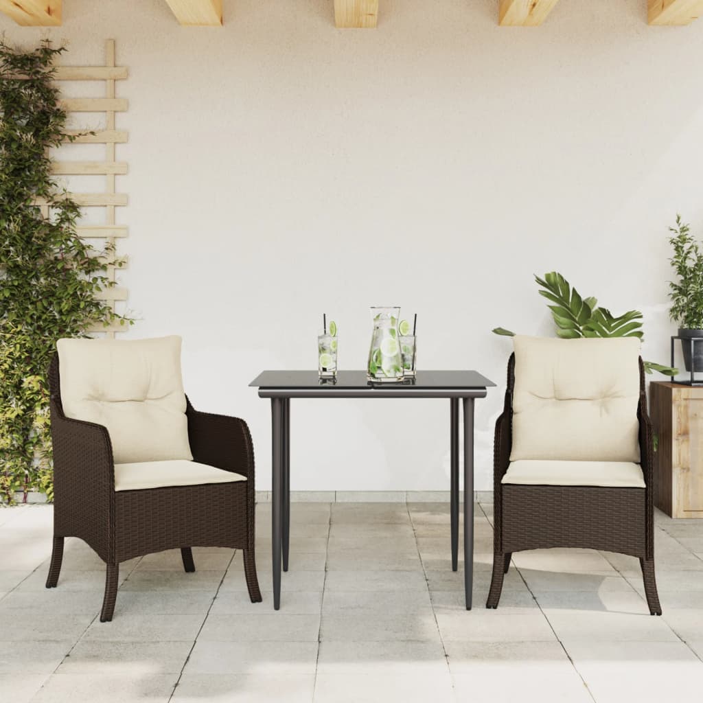 vidaXL 3 Piece Patio Dining Set with Cushions Brown Poly Rattan