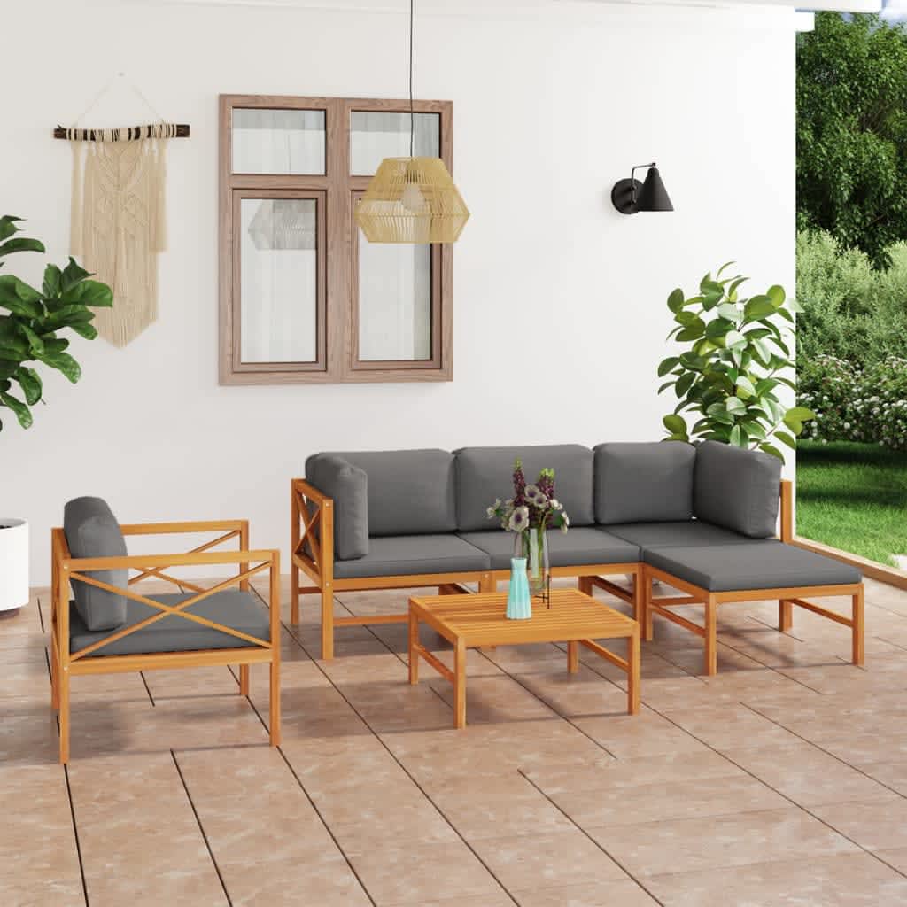 vidaXL 6 Piece Patio Lounge Set with Gray Cushions Solid Teak Wood