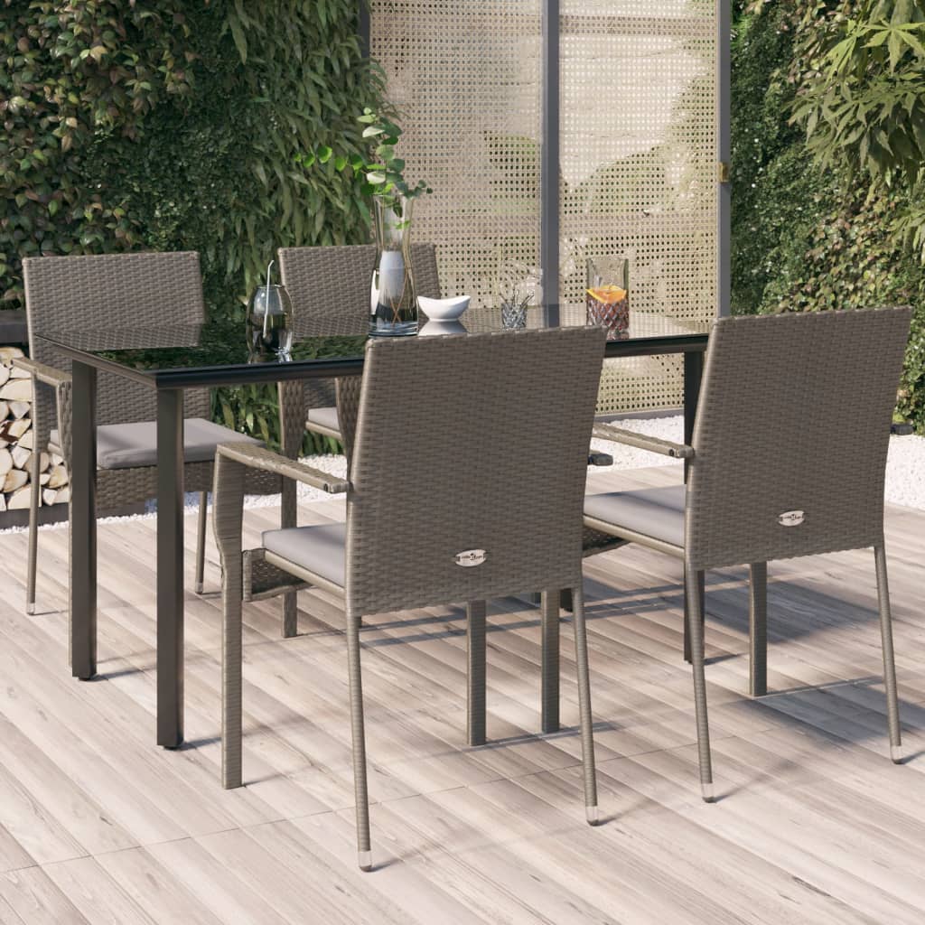 vidaXL 5 Piece Patio Dining Set with Cushions Black and Gray Poly Rattan