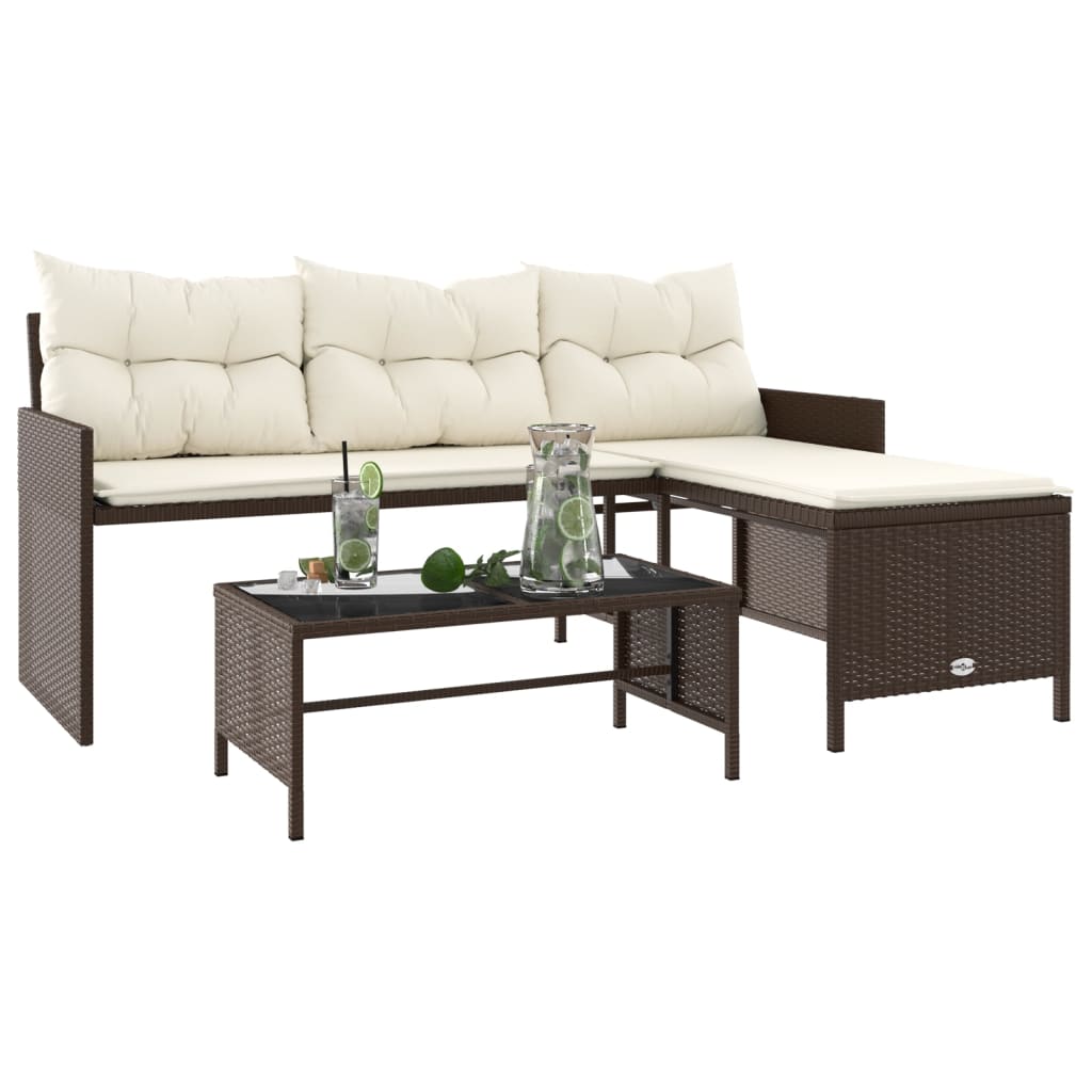 vidaXL Patio Sofa with Table and Cushions L-Shaped Brown Poly Rattan