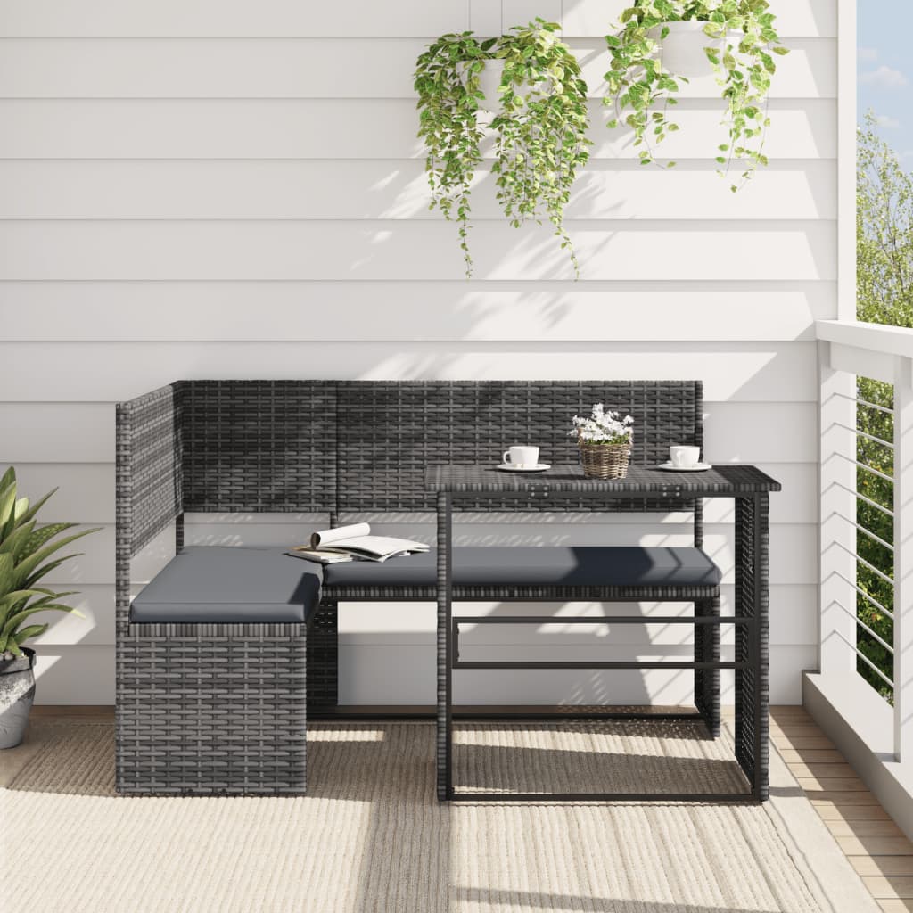 vidaXL Patio Sofa with Table and Cushions L-Shaped Gray Poly Rattan