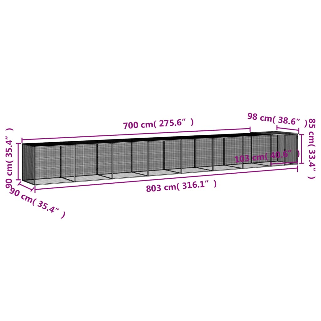 vidaXL Chicken Cage with Roof Anthracite 316.1"x38.6"x35.4" Galvanized Steel