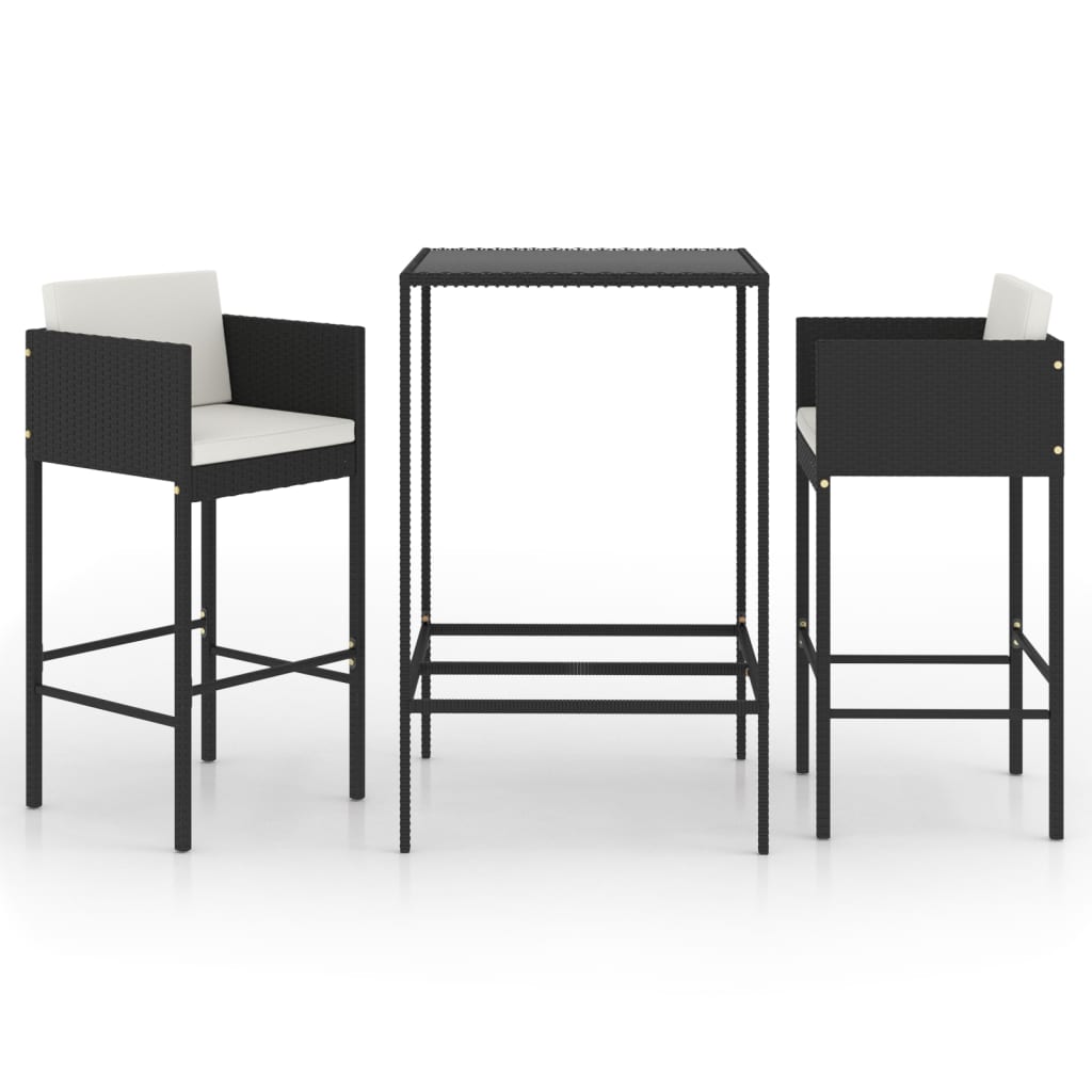 vidaXL 3 Piece Patio Bar Set with Cushions Poly Rattan Black