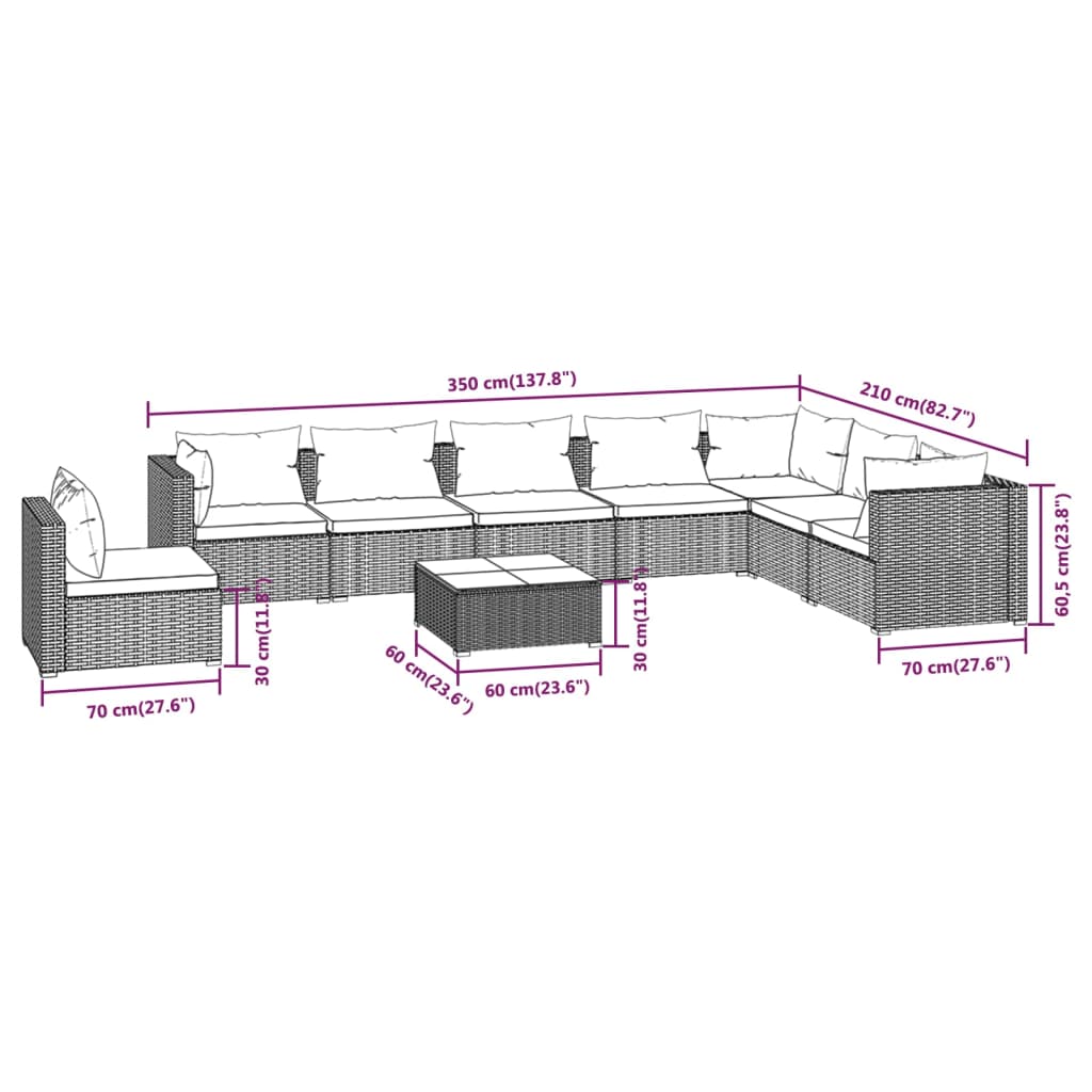 vidaXL 9 Piece Patio Lounge Set with Cushions Poly Rattan Gray