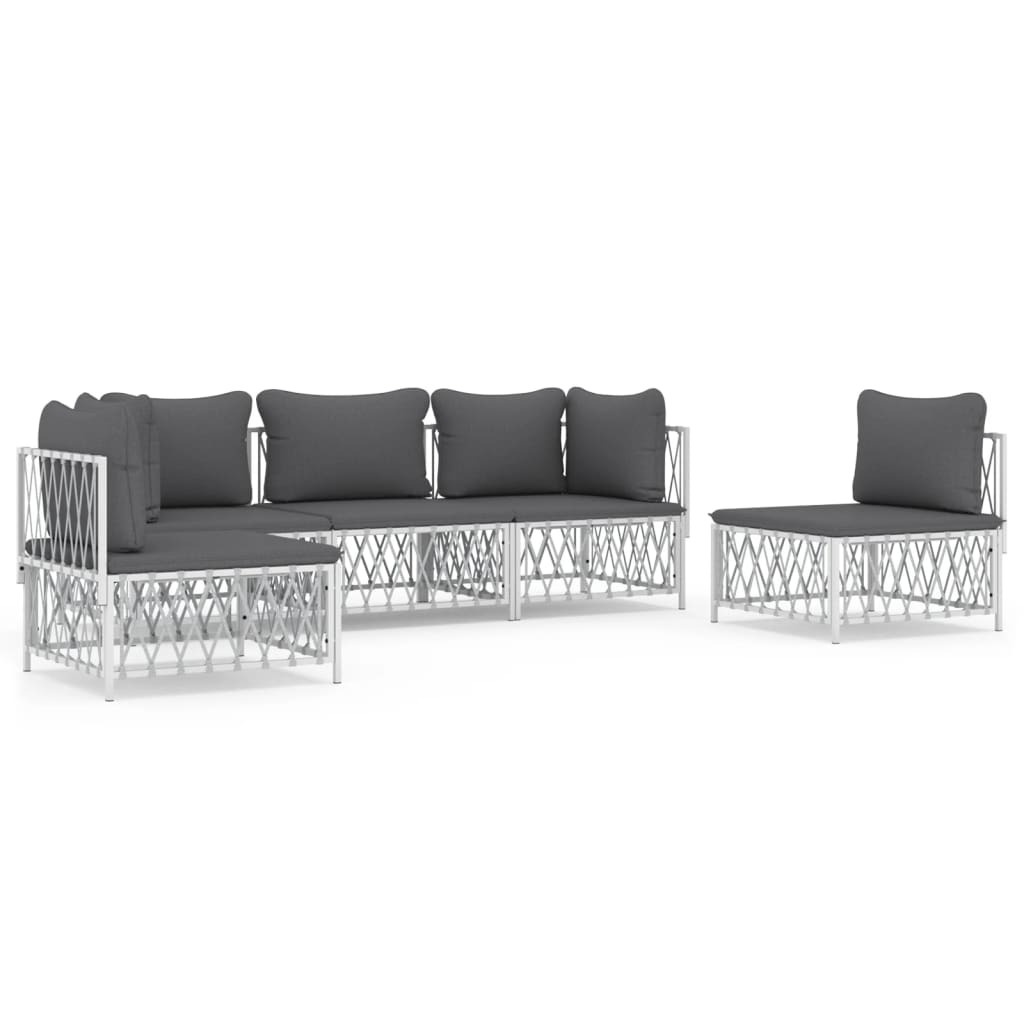 vidaXL 5 Piece Patio Lounge Set with Cushions White Steel