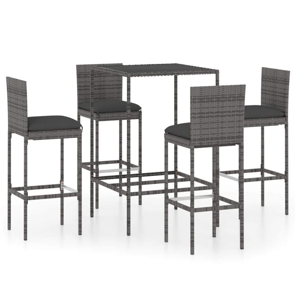 vidaXL 5 Piece Patio Bar Set with Cushions Poly Rattan Gray