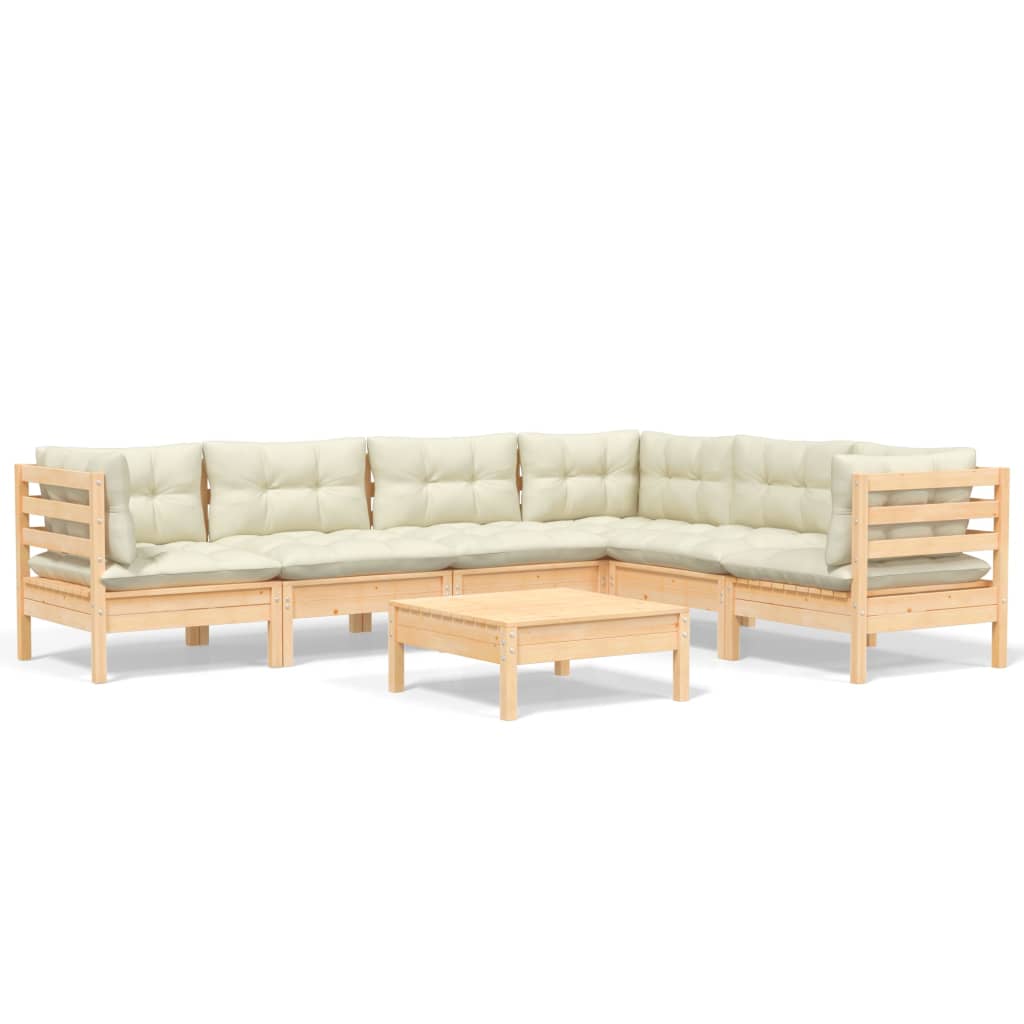 vidaXL 7 Piece Patio Lounge Set with Cream Cushions Solid Pinewood