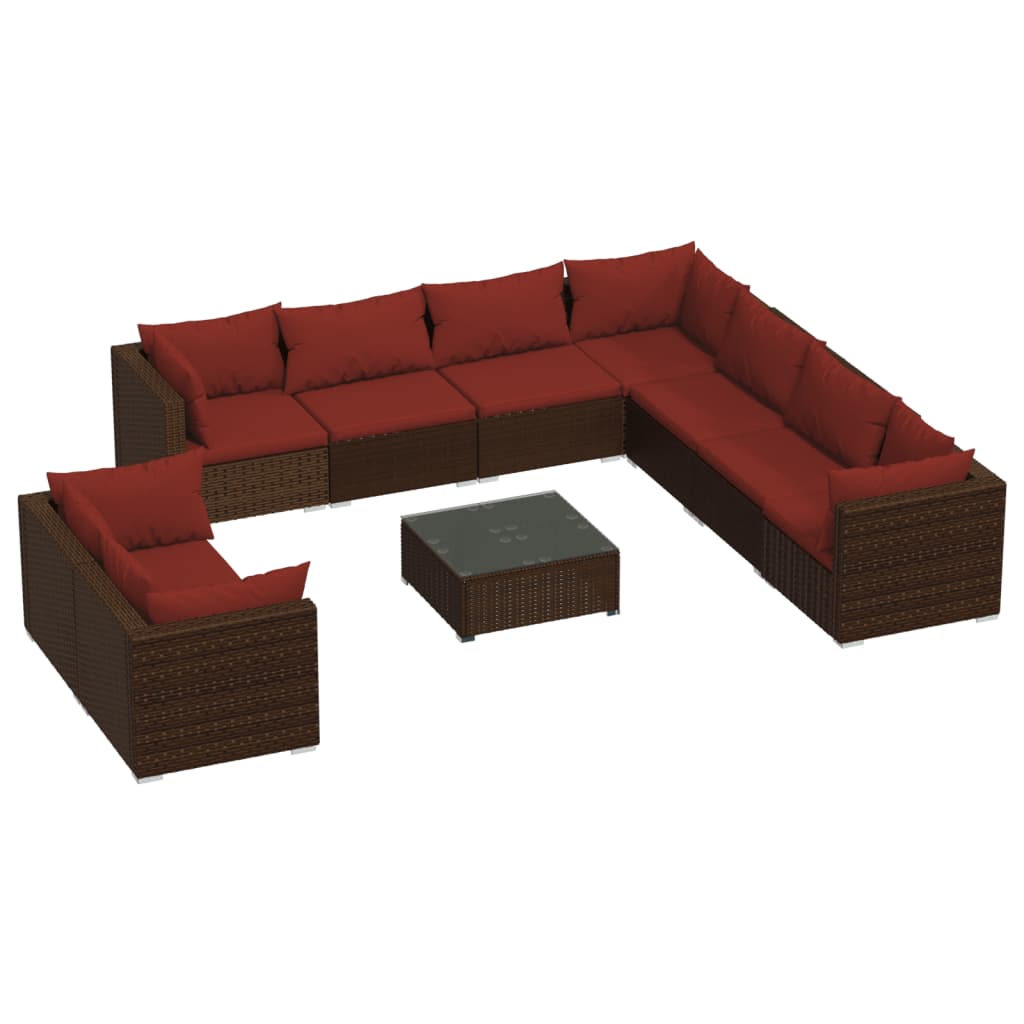 vidaXL 10 Piece Patio Lounge Set with Cushions Brown Poly Rattan