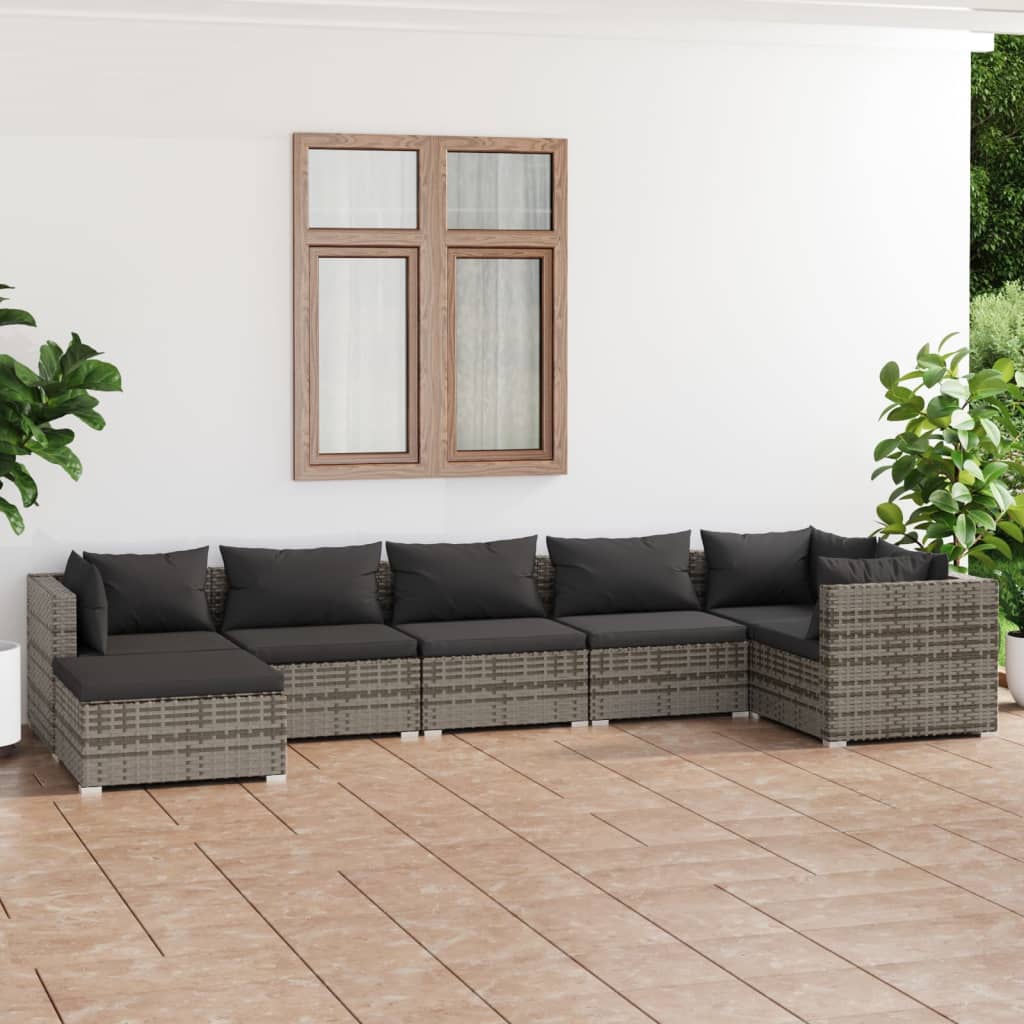 vidaXL 7 Piece Patio Lounge Set with Cushions Poly Rattan Gray