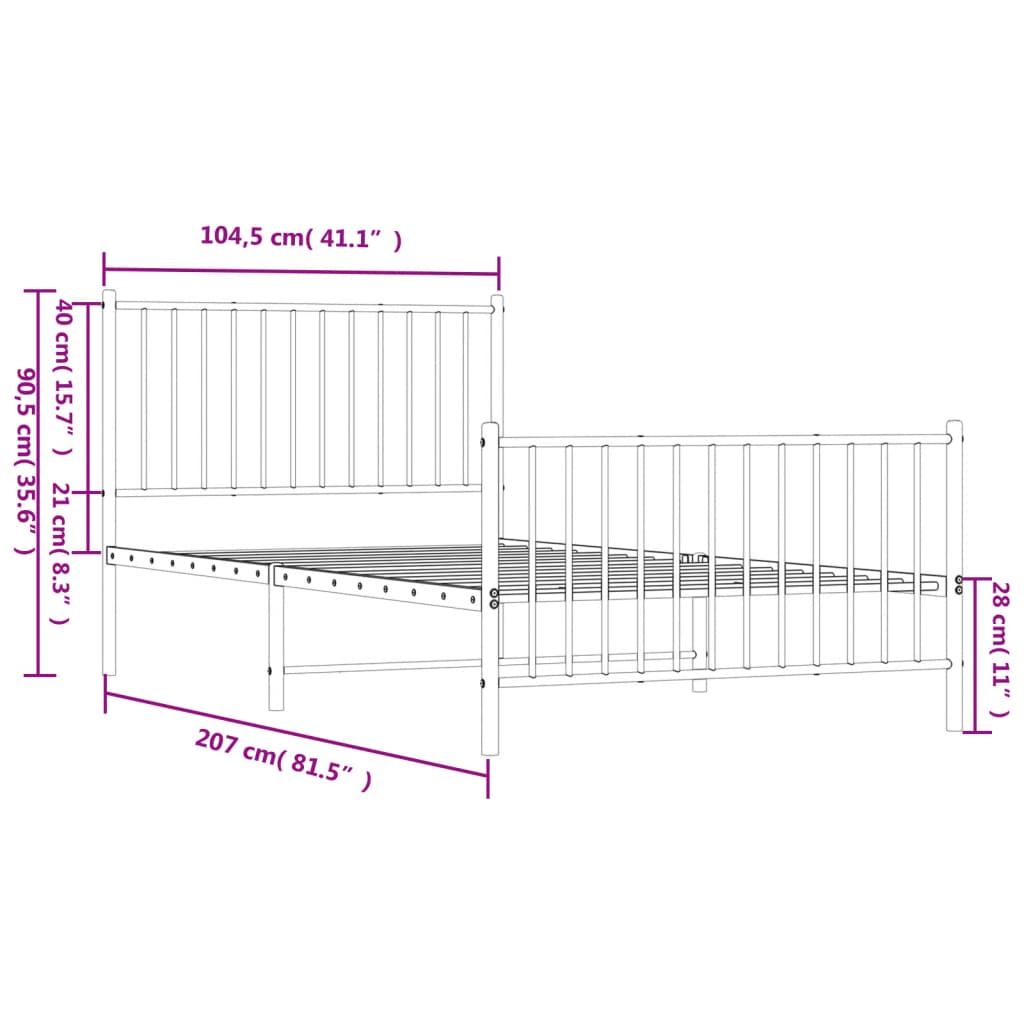 vidaXL Metal Bed Frame without Mattress with Footboard White 39.4"x78.7"