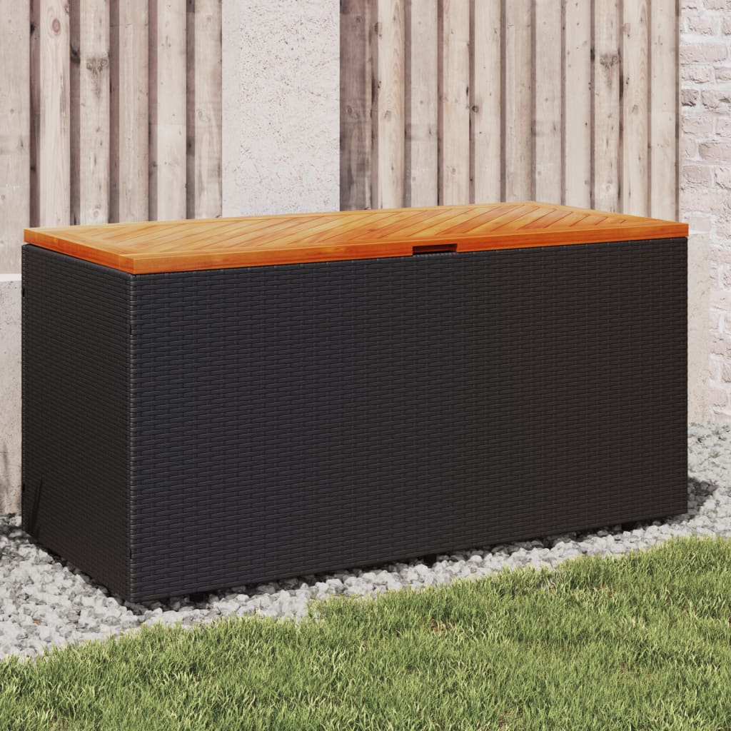 vidaXL Patio Storage Box Black 43.3"x19.7"x21.3" Poly Rattan Acacia Wood