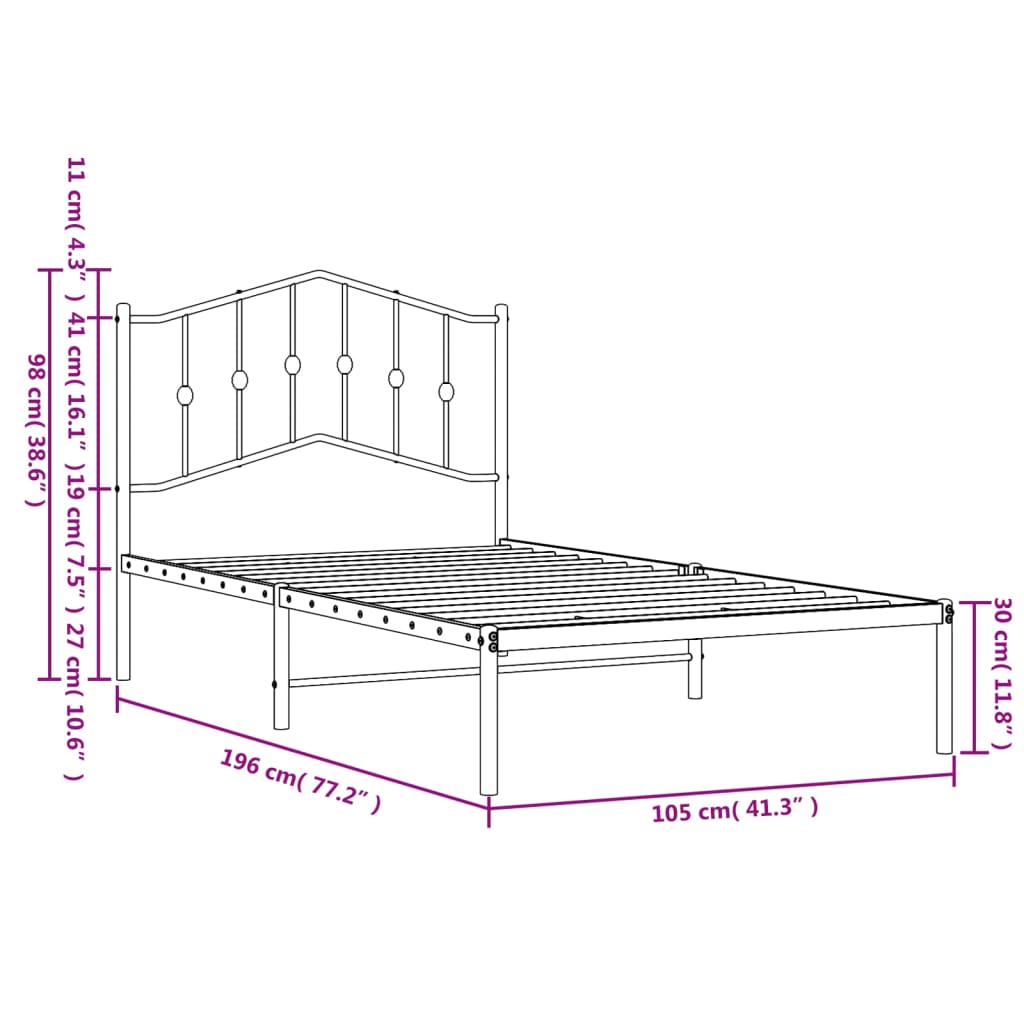 vidaXL Metal Bed Frame without Mattress with Headboard Black 39.4"x74.8"