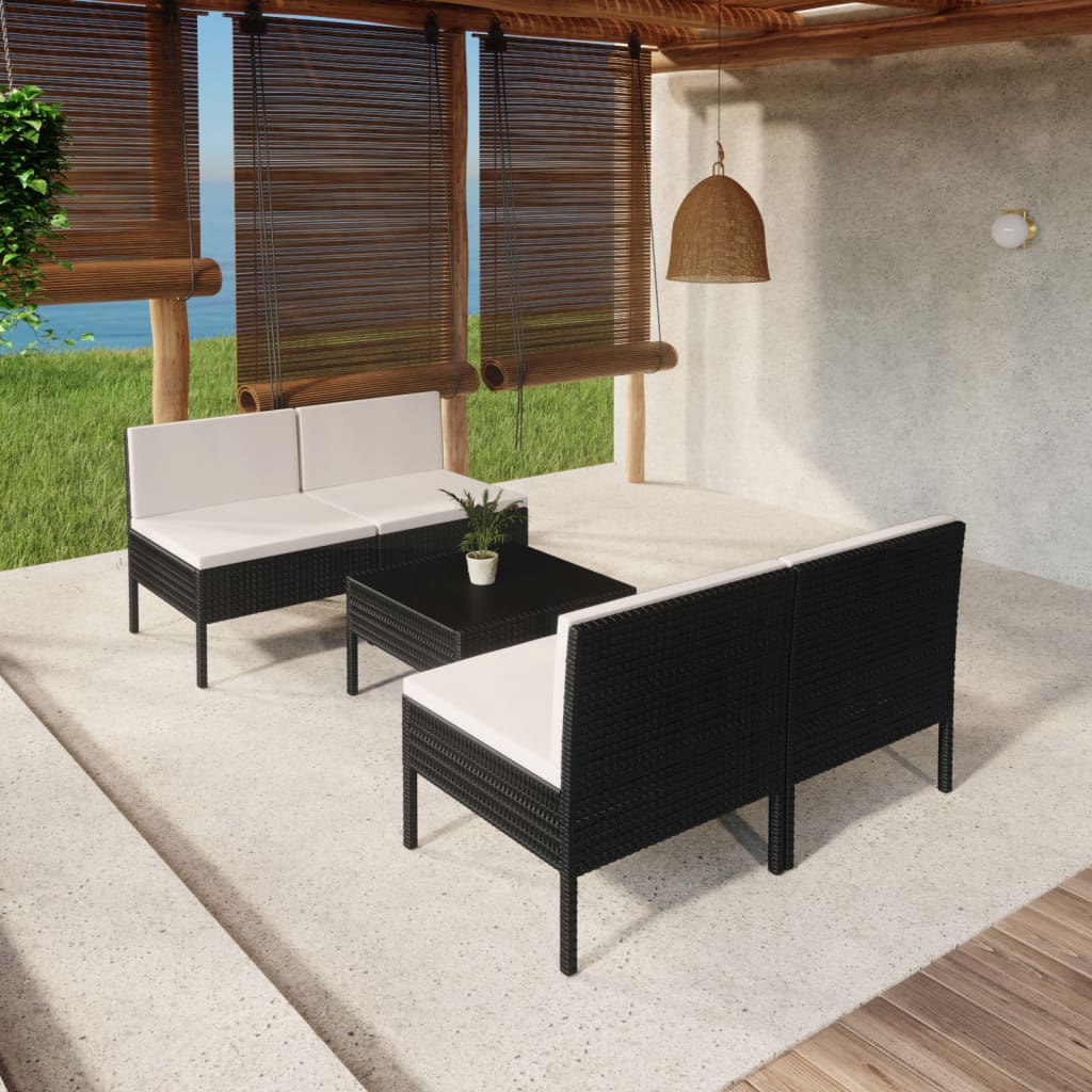 vidaXL 5 Piece Patio Lounge Set with Cushions Poly Rattan Black