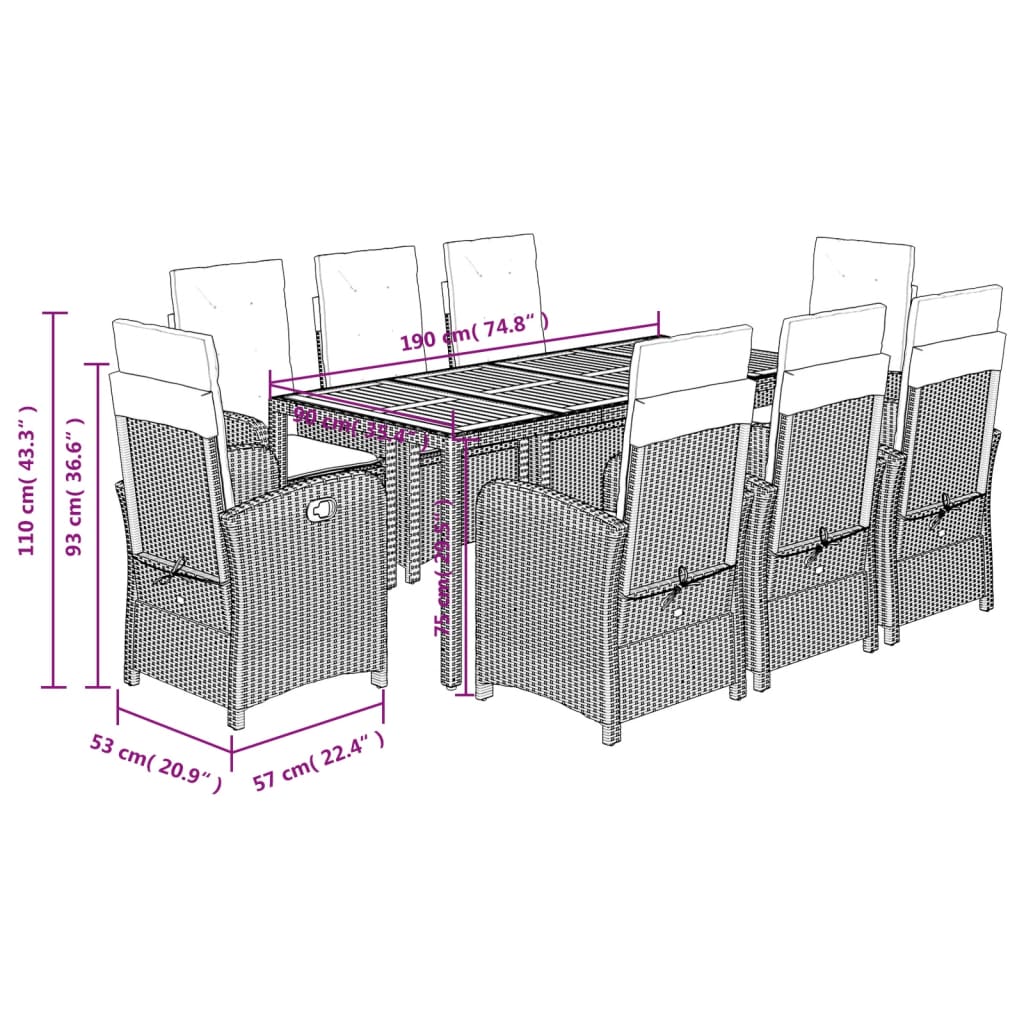 vidaXL 9 Piece Patio Dining Set with Cushions Gray Poly Rattan