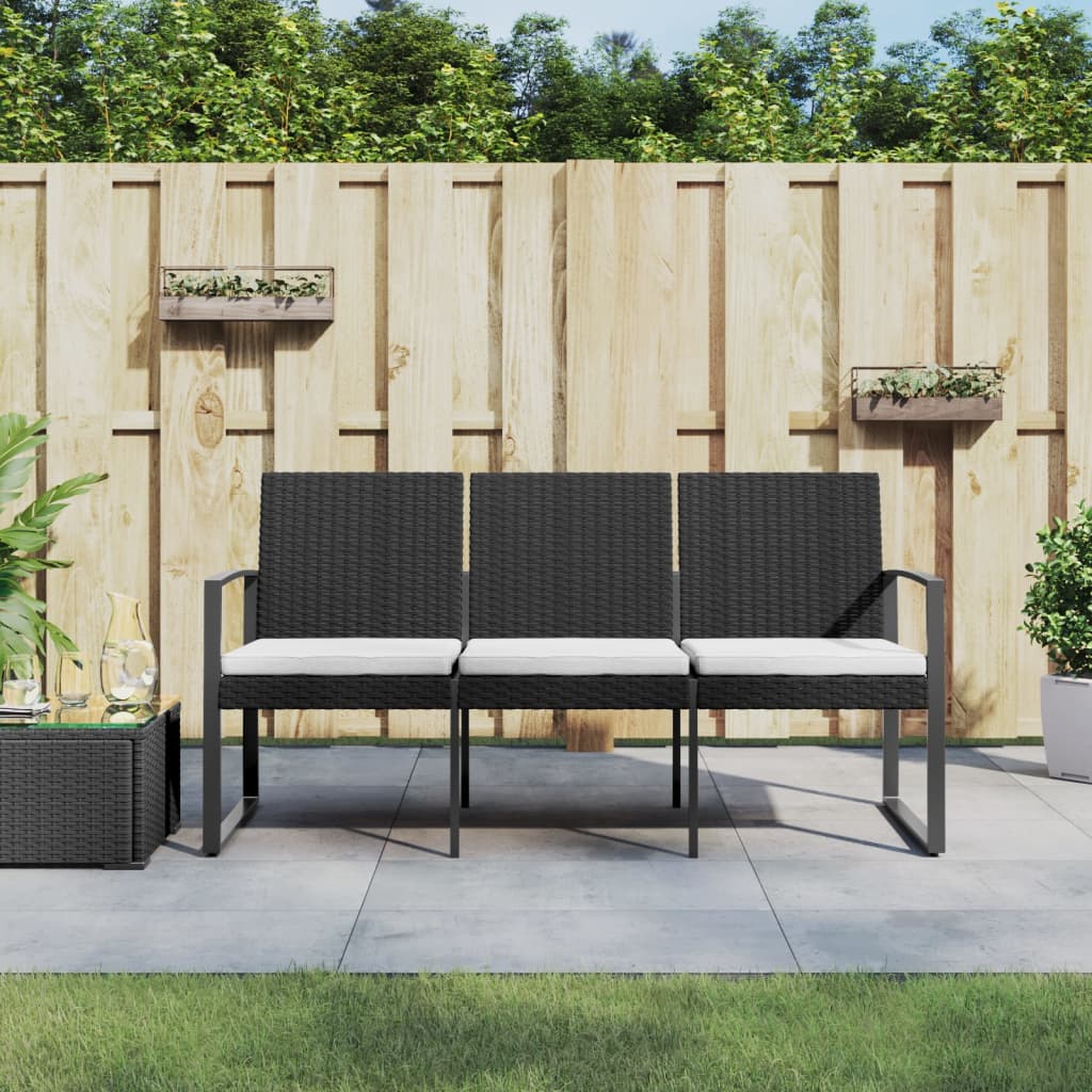 vidaXL 3-Seater Patio Bench with Cushions Black PP Rattan