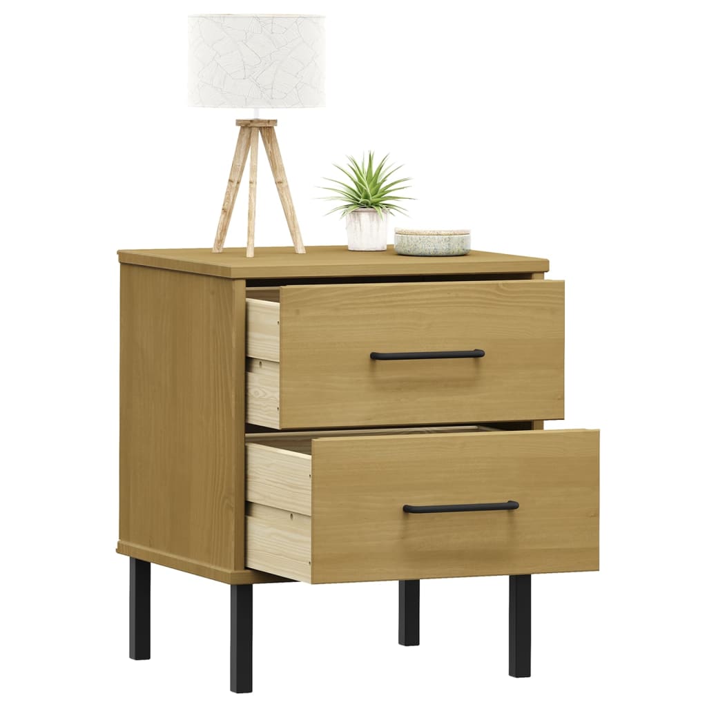 vidaXL Bedside Cabinet with Metal Legs Brown Solid Wood Pine OSLO