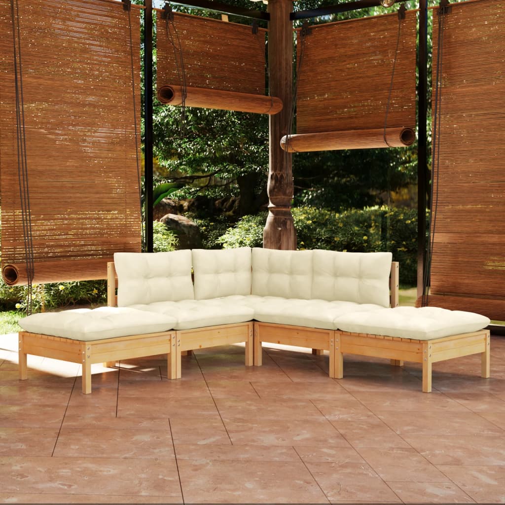 vidaXL 5 Piece Patio Lounge Set with Cream Cushions Pinewood