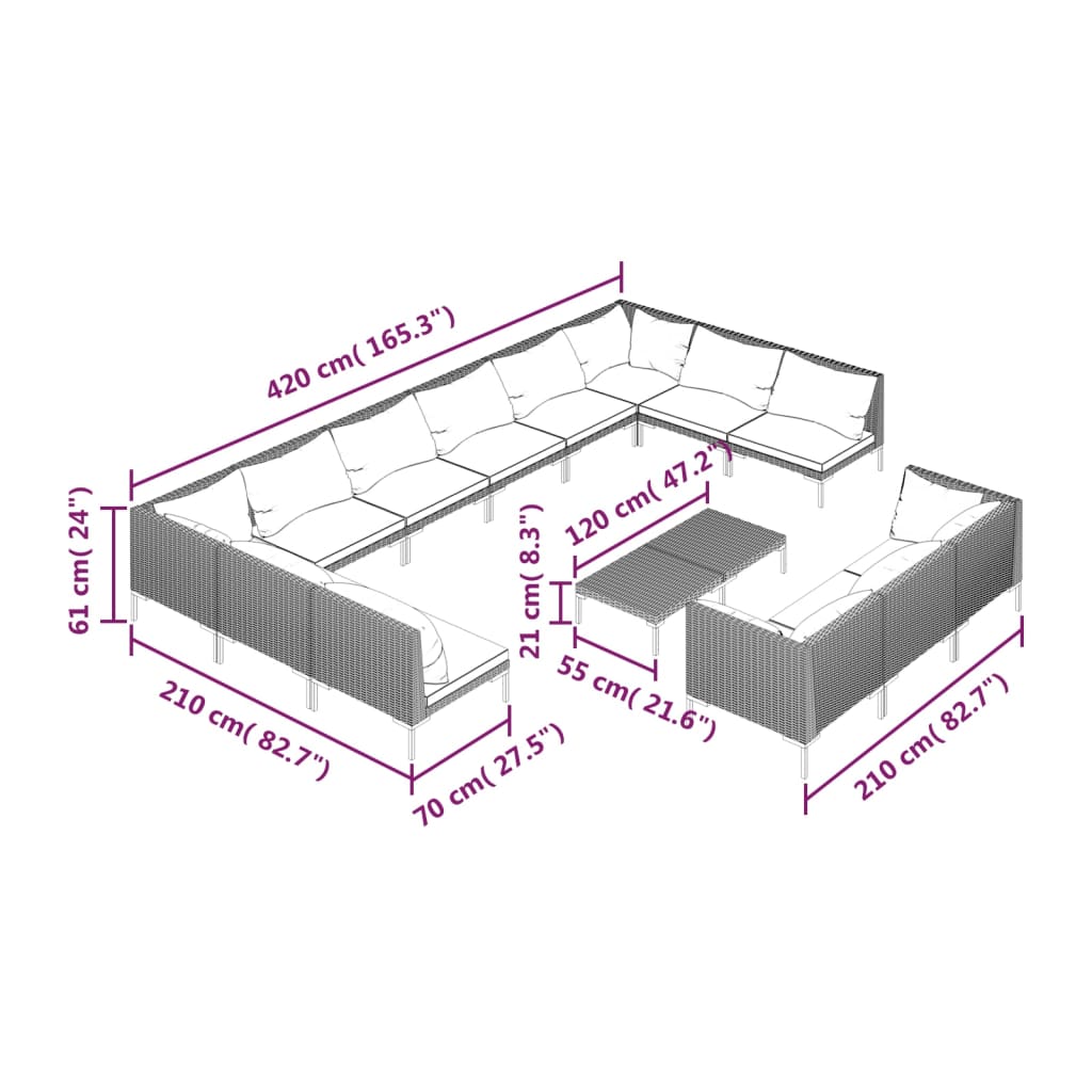 vidaXL 14 Piece Patio Lounge Set with Cushions Poly Rattan Dark Gray