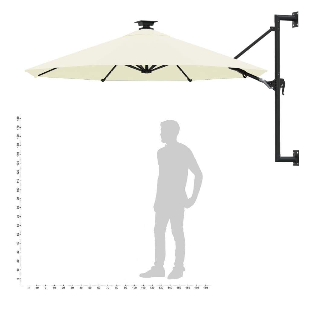 vidaXL Wall-mounted Garden Parasol with LEDs and Metal Pole 118.1" Sand