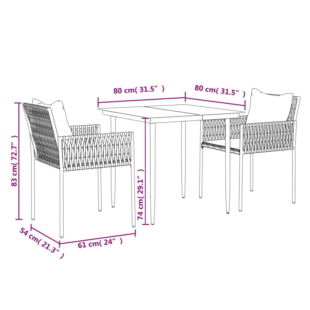 vidaXL 3 Piece Patio Dining Set with Cushions Poly Rattan and Steel