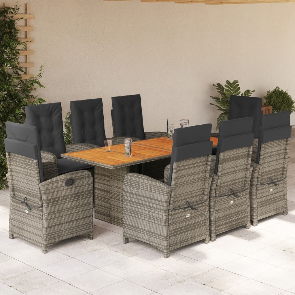 vidaXL 9 Piece Patio Dining Set with Cushions Gray Poly Rattan