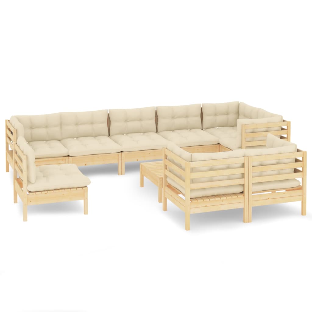 vidaXL 10 Piece Patio Lounge Set with Cream Cushions Solid Pinewood