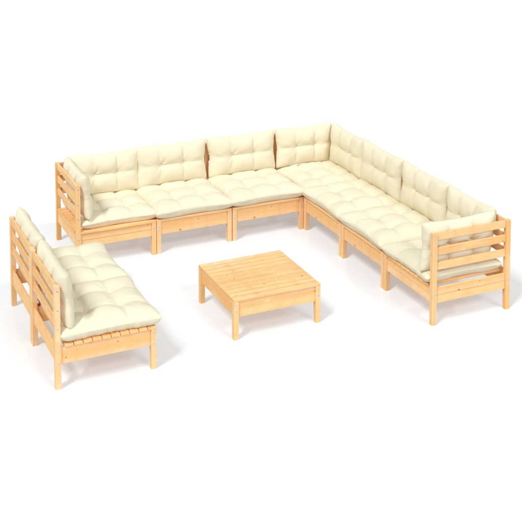 vidaXL 10 Piece Patio Lounge Set with Cream Cushions Solid Pinewood