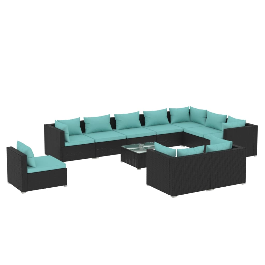 vidaXL 11 Piece Patio Lounge Set with Cushions Poly Rattan Black