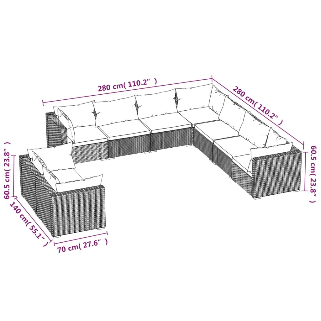 vidaXL 9 Piece Garden Lounge Set with Cushions Black Poly Rattan